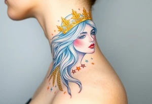 A celestial Virgo goddess with long flowing silver hair, wearing a crown of golden wheat, floating among glowing stars tattoo idea
