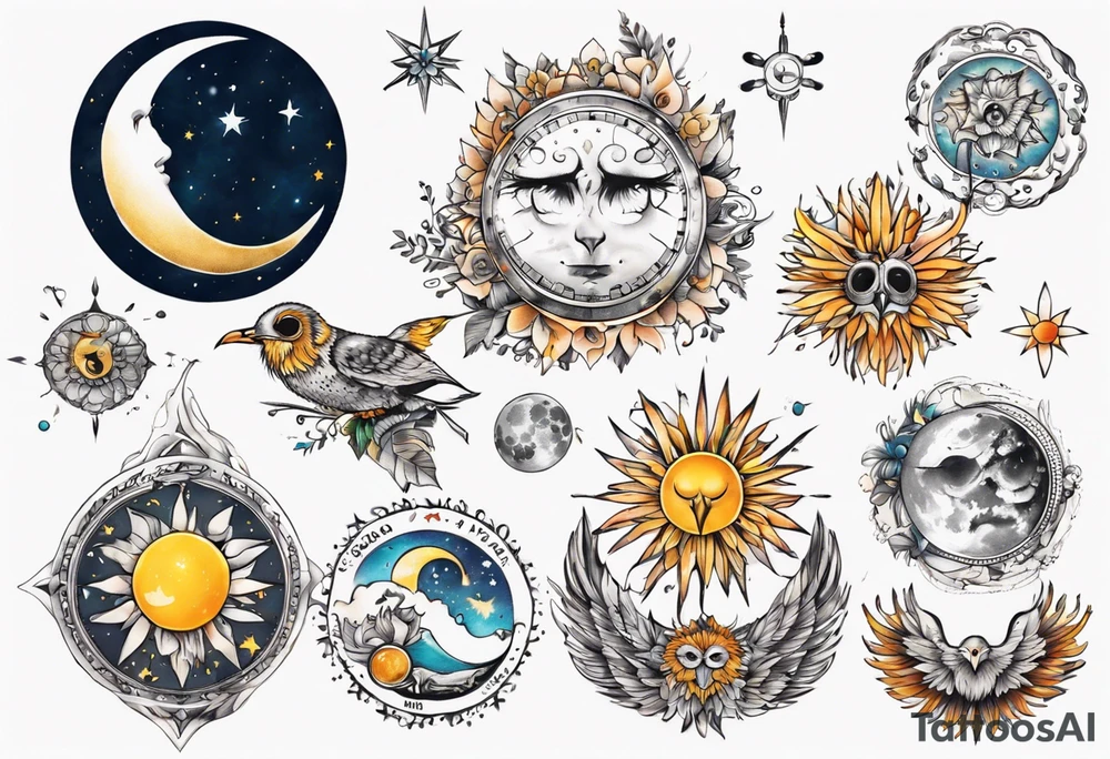 Mond und Sonne mit Eule und Wassermann und Berlin tattoo idea