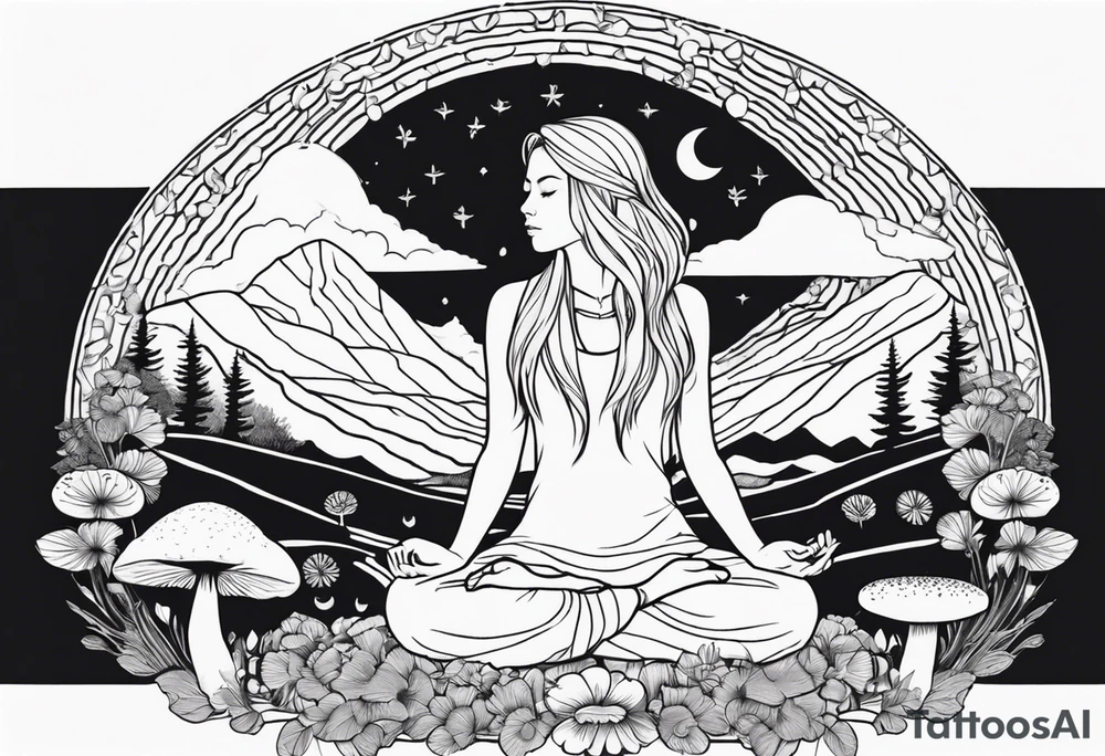 Straight blonde hair girl meditating facing away toward mountains surrounded by mushrooms crescent moon mandala circular design black and white striped dress tattoo idea