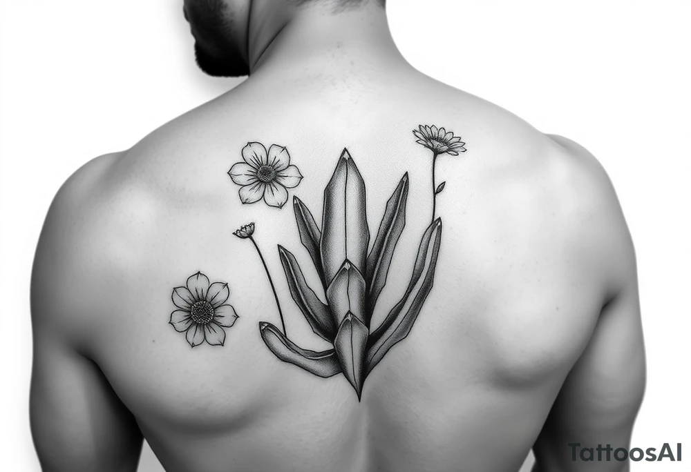 Birth flower for June July December for my kids and a cactus to represent sober dry journey sleeve male tattoo idea