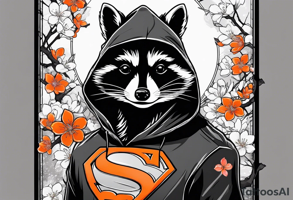 Raccoon wearing a white Superman logo on a black hoodie and orange Japanese cherry blossoms beside tattoo idea