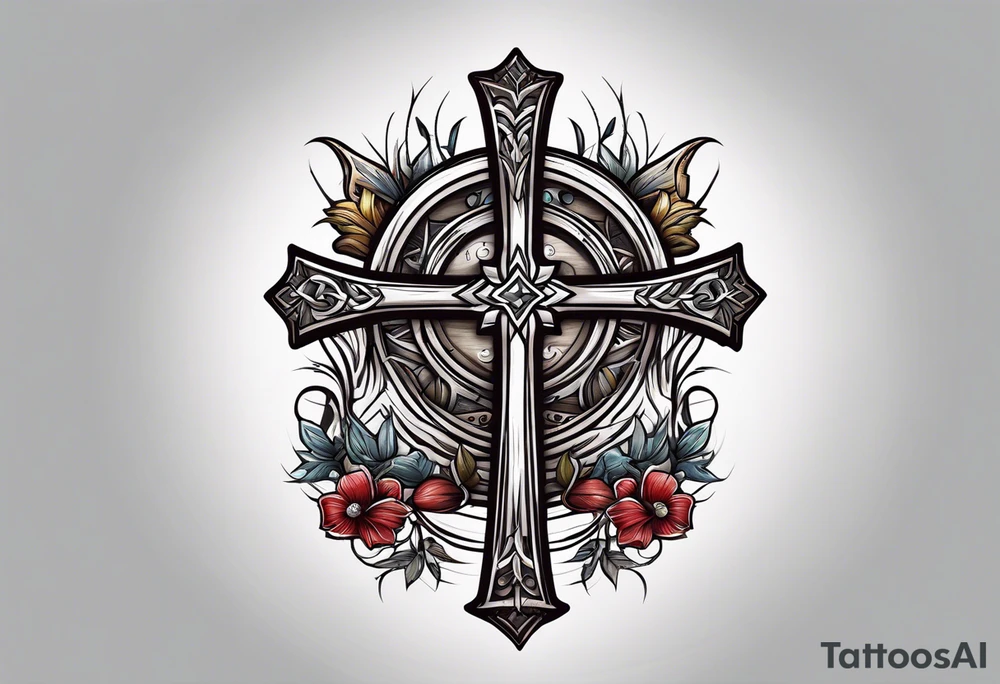 wooden cross with a cross cut saw and double bitted axe crossed over it tattoo idea