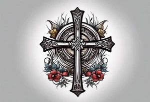 wooden cross with a cross cut saw and double bitted axe crossed over it tattoo idea