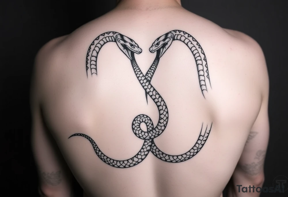 Id like a back tattoo with two snakes.  The illustration should be minimal with "skin-break."  I'd like the tails to be intertwined to accentuate my upper buttocks/upper butt crack, and Id like the snakes to moving upwards to the upper back, with the heads stopping just under my shoulder blades.  Almost like a "V shape" but very organic, like a symmetrical winding road.  Id like the tattoo to be sexy and accentuate my back to make my waist look small.  Black and white. Minimal.  Fine line. Please use a male body type. tattoo idea