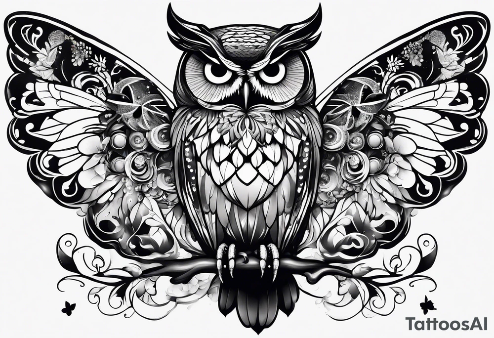 Butterflies, owl, fireflies tattoo idea