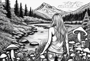 Straight long blonde hair hippie girl in distance holding mushrooms in hand facing away toward mountains and creek surrounded by mushrooms tee shirt hiking pants

Circular picture tattoo idea