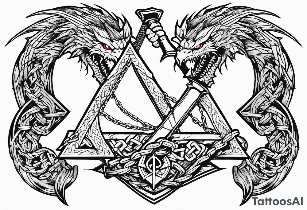 Valhalla sword shield dragon axe Valknut barbed wire chains tattoo idea Valhalla sword shield dragon axe Valknut barbed wire chains tattoo idea