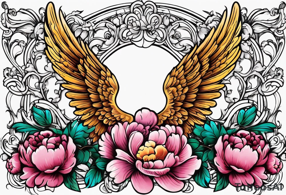 beautiful angel wings with colorful, peonies. beautiful flilligree in the background , full color, traditional old school , white background tattoo idea