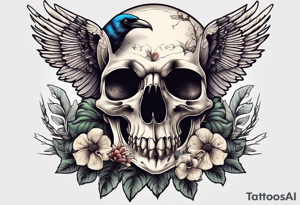 Crow skull with mushrooms and nature in the background tattoo idea