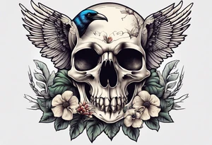 Crow skull with mushrooms and nature in the background tattoo idea
