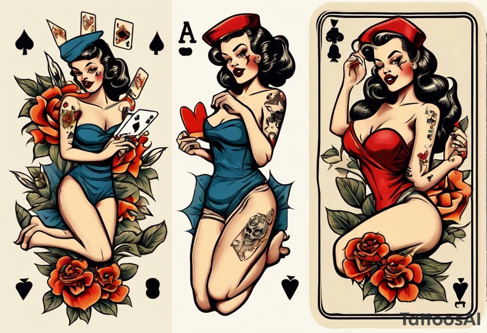 traditional pin up girl, playing cards, skulls, flowers tattoo idea