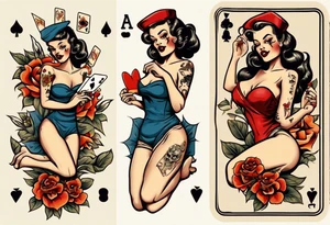 traditional pin up girl, playing cards, skulls, flowers tattoo idea