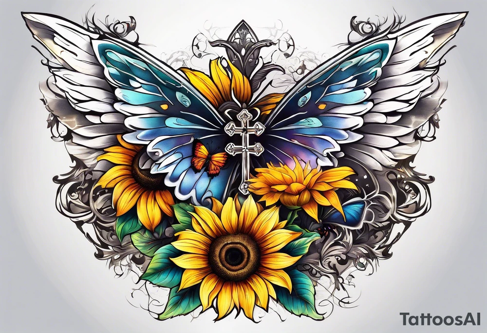 Winged cross with sunflower and butterflies tattoo idea