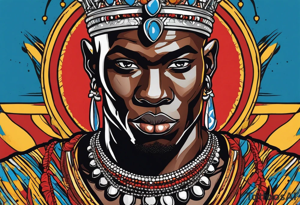 Black-skinned bald african warrior. He wears a simple and small silver crown. He uses two simple necklaces: one blue, other red. He has cowry shells in his crown tattoo idea