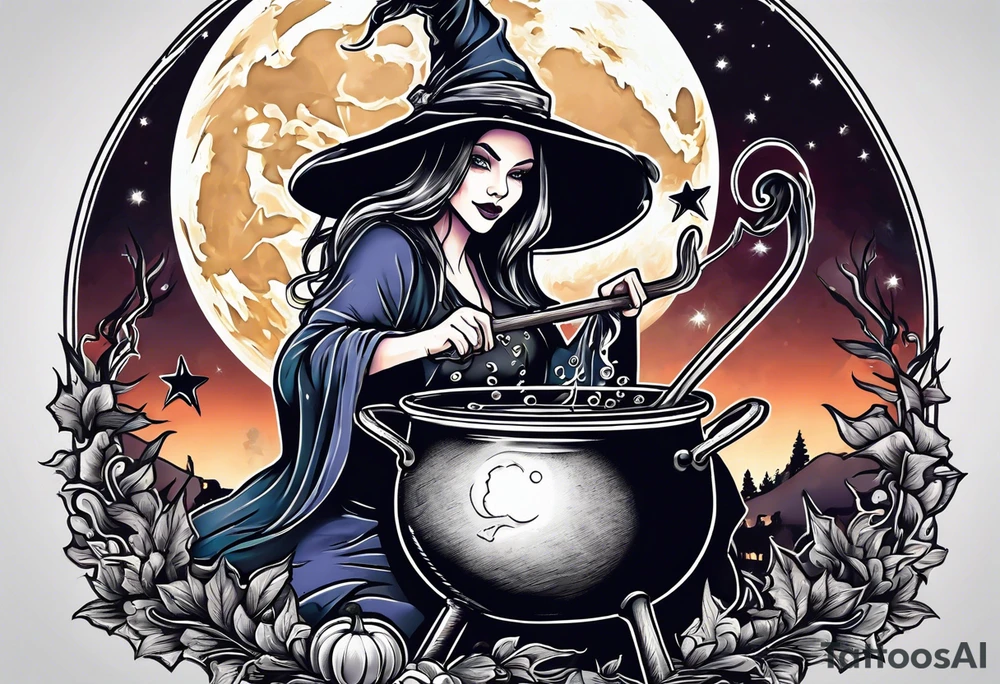 Witch stirring a cauldron under a full moon tattoo idea