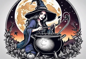 Witch stirring a cauldron under a full moon tattoo idea