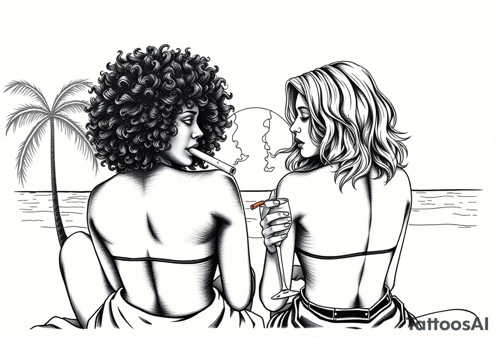 Two females One of the females is dark skin with Curly puffy hair The other girl is light skin and has wavy hair, sitting in front of a sunset on the beach, smoking a blunt with margarita glasses next to them tattoo idea