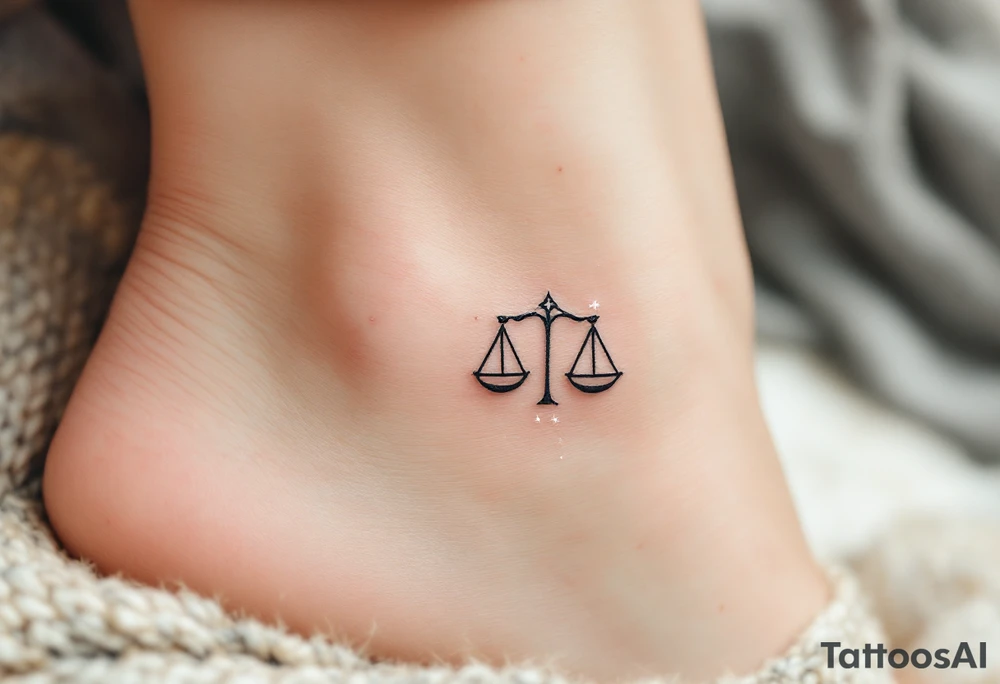 A tiny star constellation in white from inside a black-ink outline of Libra symbol on the ankle. tattoo idea