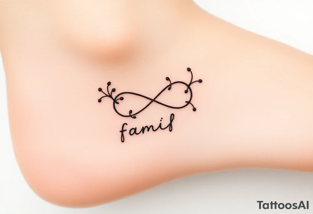 A delicate infinity symbol with intertwined vines, wrapped around the word "family," tattoo idea