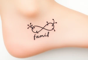 A delicate infinity symbol with intertwined vines, wrapped around the word "family," tattoo idea