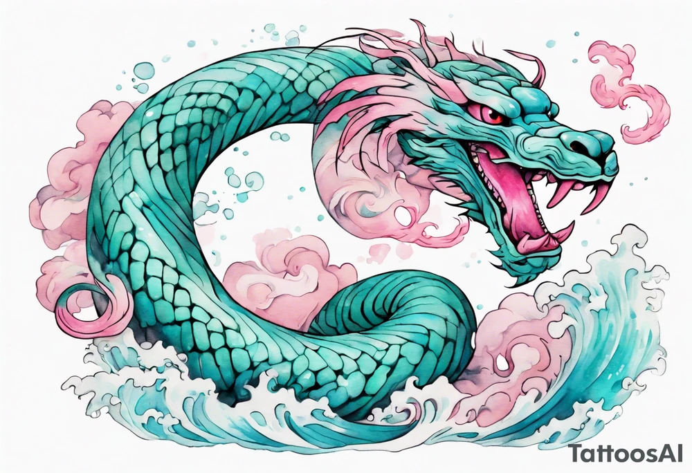 a gentle turquoise and pink Falkor serpent hybrid emerging from the stormy sea tattoo idea