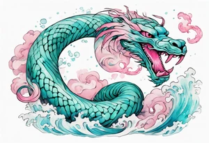 a gentle turquoise and pink Falkor serpent hybrid emerging from the stormy sea tattoo idea