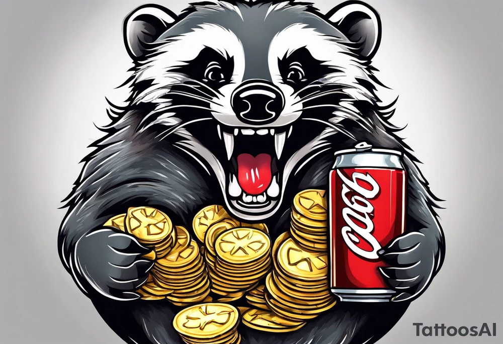 Angry badger with mouth open with soda can and chips in hands tattoo idea