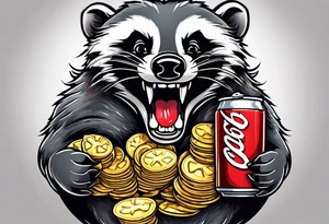Angry badger with mouth open with soda can and chips in hands tattoo idea