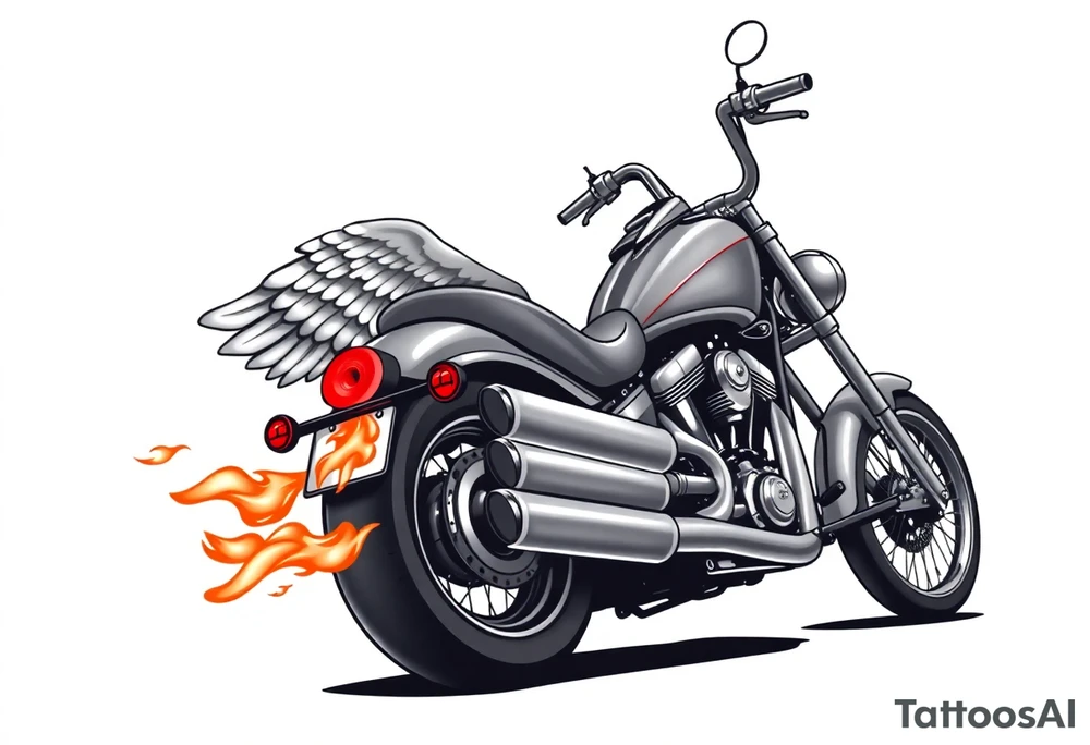 Low rider grey motorcycle, big muffler pipes with flames, angel wings, driving away, no person tattoo idea