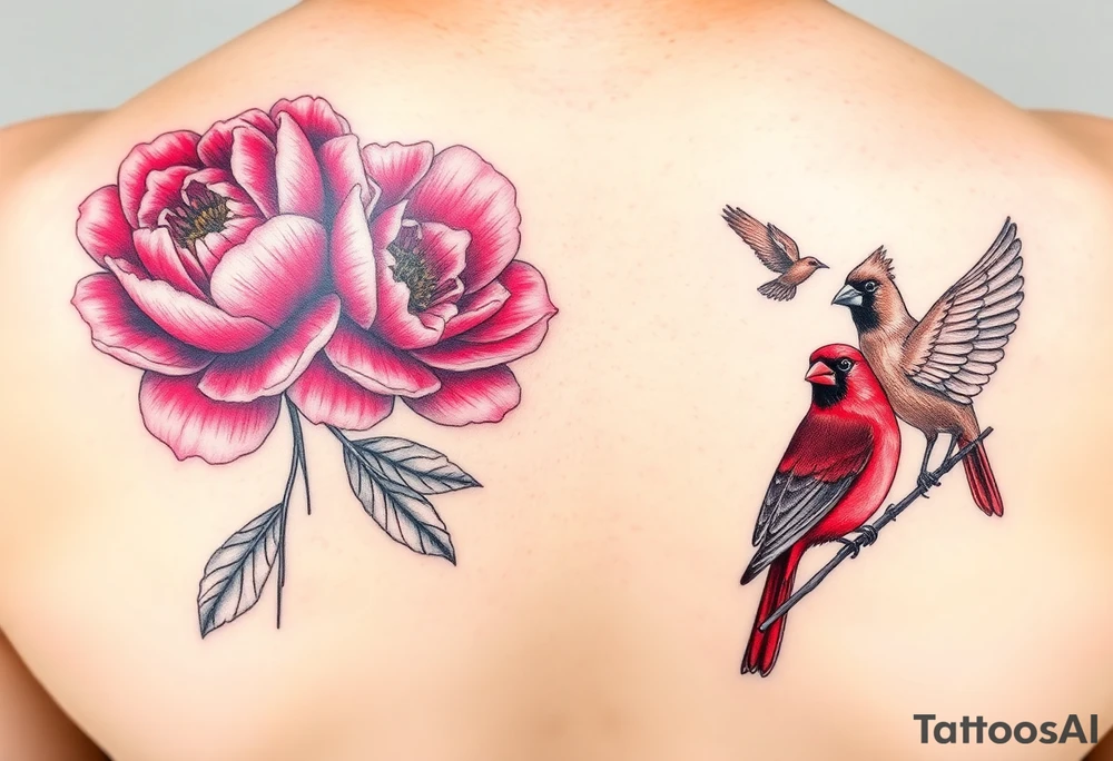 pink peony flowers with bold coloring highlighting reds and whites; and a feminine but boldly colored male and female cardinal birds tattoo idea