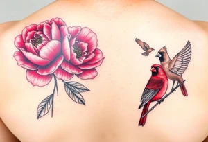 pink peony flowers with bold coloring highlighting reds and whites; and a feminine but boldly colored male and female cardinal birds tattoo idea