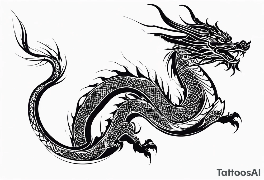 An epic floating asian dragon. Its long body coiling dynamically, with scales and horns detailed to create a sense of movement and strength. The dragon's giving a vibrant depth and a mystical aura. This tattoo highlights the dragon’s fierce expression and sharp claws. tattoo idea