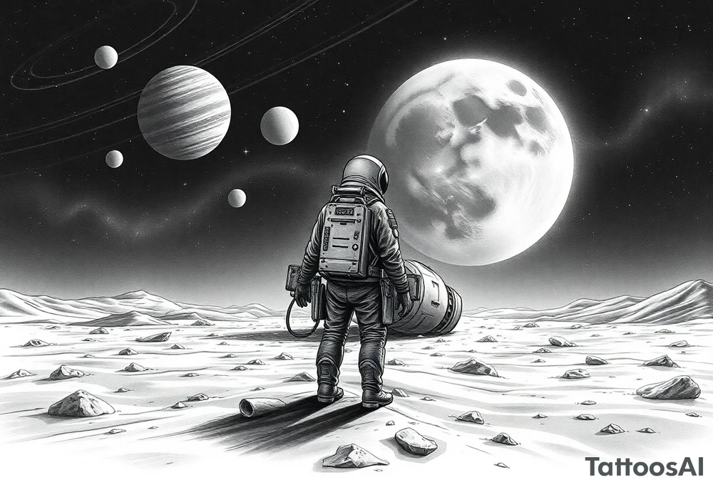 Full sleeve tattoo design for the right forearm, in realistic black and grey style.
The scene shows a lonely astronaut standing on the surface of an unknown planet, similar to the Moon’s landscape.
In front of him stretches a vast, mysterious universe filled with glowing planets, stars, and cosmic nebula light.
A few meters beside him lies a crashed and smoking spaceship, broken and damaged, showing clear signs of impact.
The image represents loneliness and survival — the moment when the astronaut realizes he is completely alone in an unfamiliar world.
The atmosphere should feel melancholic, cinematic, and deeply emotional, combining realism with fantasy.
Fine shading, detailed textures, and strong light-shadow contrast, designed to wrap naturally around the right forearm. tattoo idea