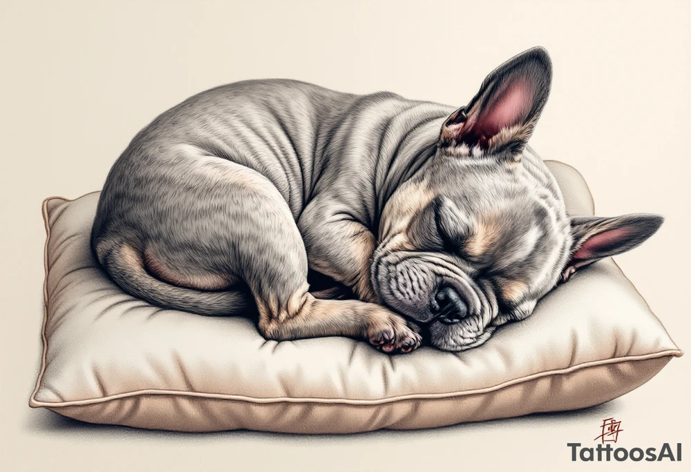 Sleeping French Bulldog puppy curled up in a ball, with light gray fur and subtle cream highlights, set on a cozy pillow. tattoo idea