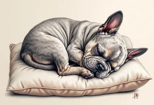 Sleeping French Bulldog puppy curled up in a ball, with light gray fur and subtle cream highlights, set on a cozy pillow. tattoo idea