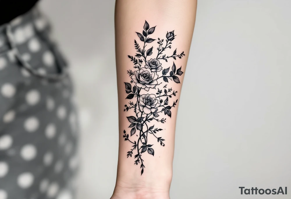 Rose vine and wild flowers, moon forest  and wrap around half sleeve tattoo idea