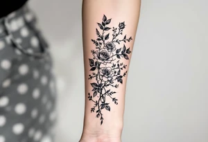 Rose vine and wild flowers, moon forest  and wrap around half sleeve tattoo idea