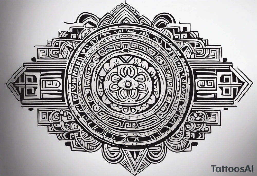 Create a masculine mayan tattoo design carved in stone featuring three flower buds of Gypsophila spp. The design should incorporate sharp, geometric patterns inspired by ancient Mayan glyphs and carvings, emphasizing strength and symmetry. The flower buds should be stylized with angular, bold lines, set within intricate, sacred Mayan motifs. The overall design should evoke harmony and balance, symbolizing the calming frequency of 432 Hz through symmetrical and flowing element tattoo idea