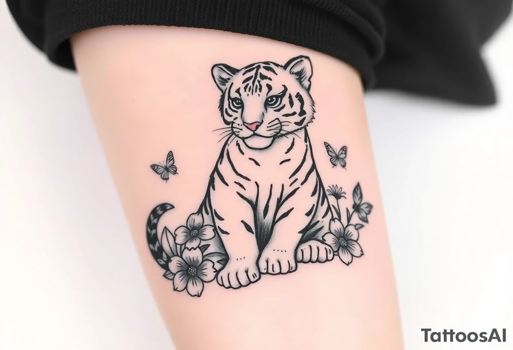 Tiger cub sitting down with flowers and butteflies tattoo idea
