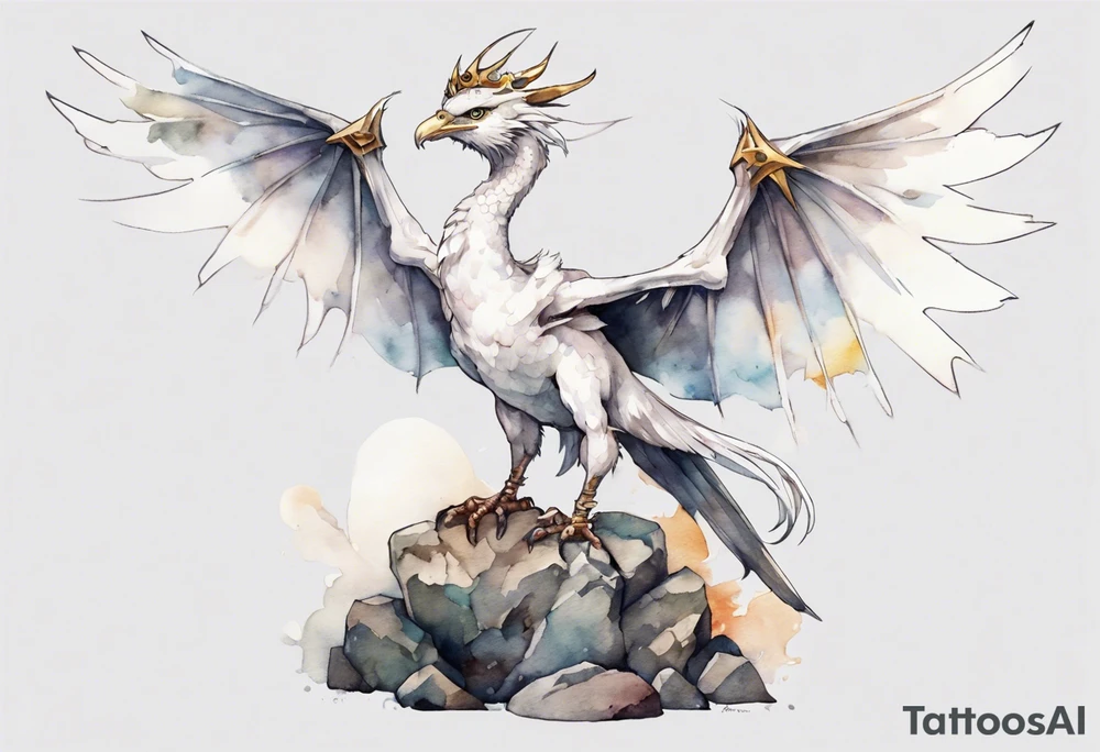 a white bird-wyvern hybrid, wearing a iron crown, perched on a stone tattoo idea