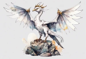 a white bird-wyvern hybrid, wearing a iron crown, perched on a stone tattoo idea