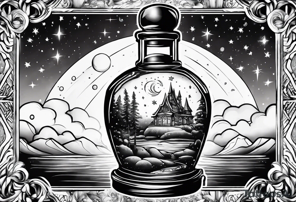 A potion bottle with crystals inside the bottle and the night sky tattoo idea