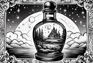 A potion bottle with crystals inside the bottle and the night sky tattoo idea