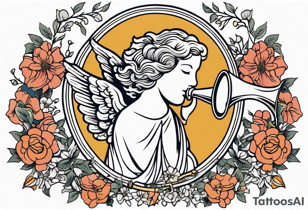 angel with trumpet
old school vintage simple traditional design with vintage flowers surrounding it bold color tattoo idea