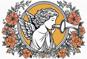 angel with trumpet
old school vintage simple traditional design with vintage flowers surrounding it bold color tattoo idea