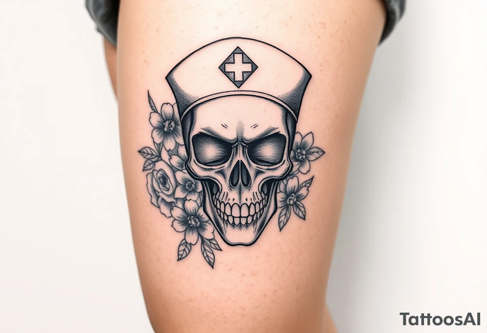 Nurse skull face with flower’s and honey combs background tattoo idea