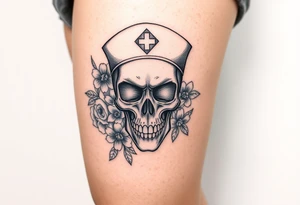 Nurse skull face with flower’s and honey combs background tattoo idea