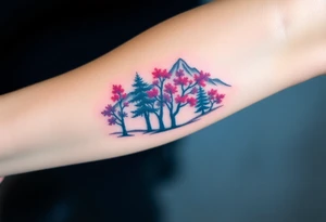 Lower forearm, trees with mountains in background, leaves on the trees are pink, purple, teal, red tattoo idea