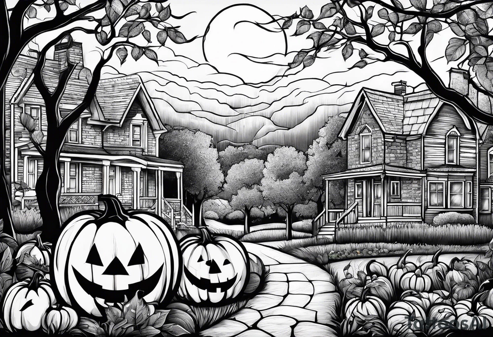 Neighborhood street in fall with Halloween pumpkin tattoo idea