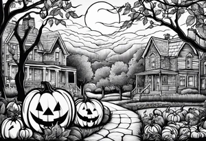 Neighborhood street in fall with Halloween pumpkin tattoo idea